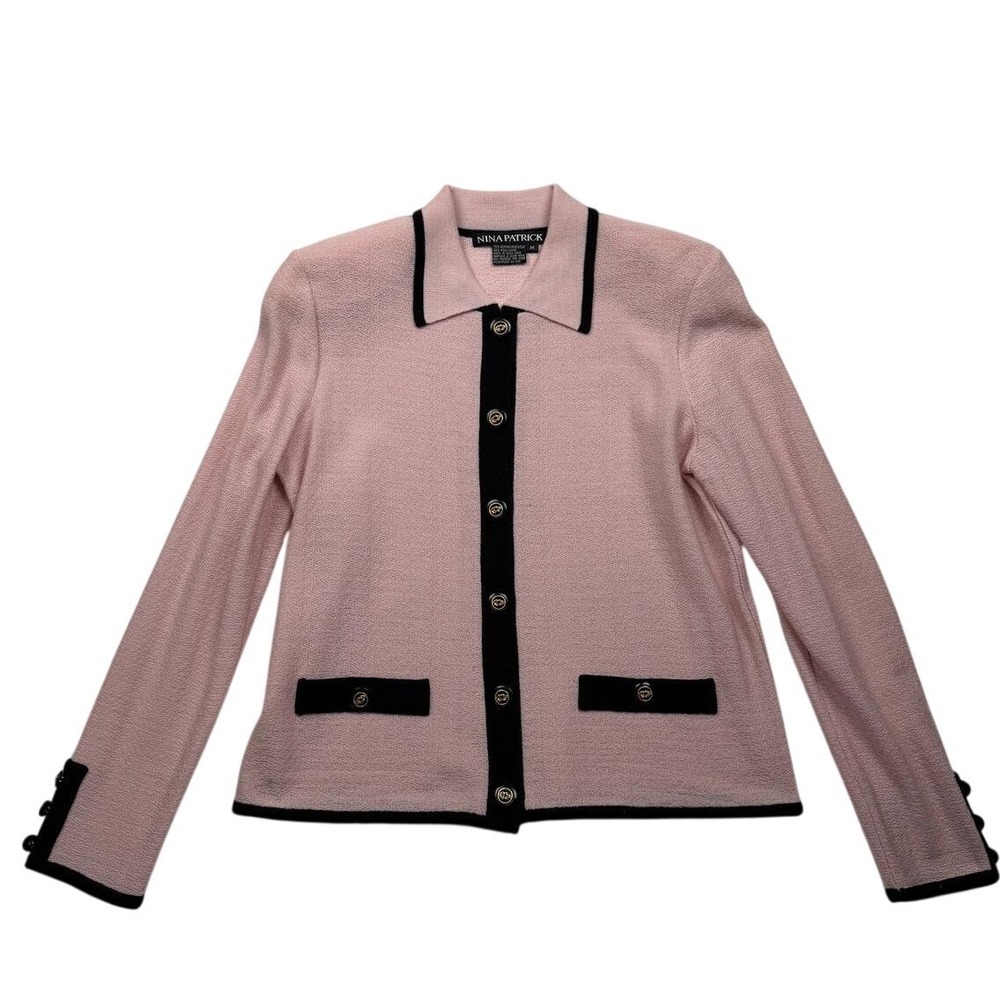 Vintage Nina Patrick Pink Black Knit Jacket Gold Buttons Wool Blend M